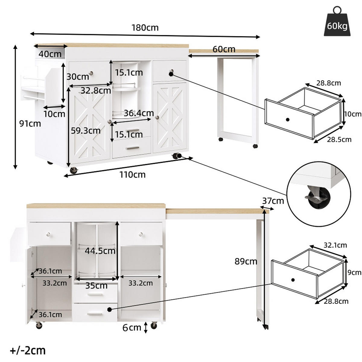 KÜCHENINSEL AUSZIEHBARER BARTISCH Küchenwagen, Rollbar, MDF, Weiß, 110-180/40/91 cm - Weiß, Kunststoff (40/91/180cm) - Rolipo