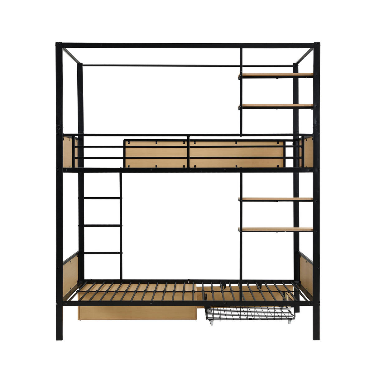 ETAGENBETT aus Eisen und MDF 90x200 cm Schwarz/Natur mit Schubladen und Ablageflächen - Schwarz, Holzwerkstoff (90/200cm) - IVMEU