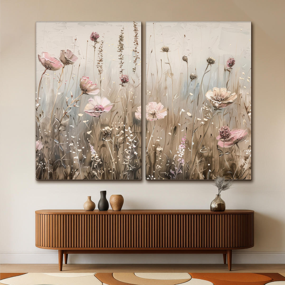 LEINWANDBILD 2er Set Blumen - Beige - Modern - Rosa 240x180 cm - Ecru, Textil (240/180cm) - MuchoWow