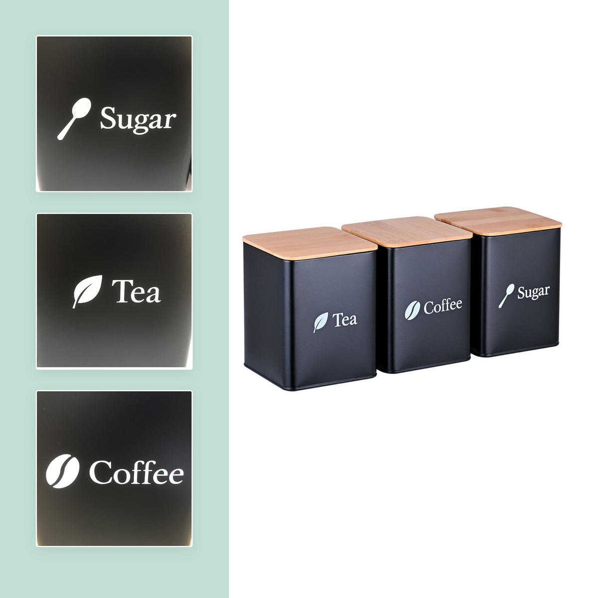 3XDÓZY na potraviny - černá, kov/dřevo - Relaxdays