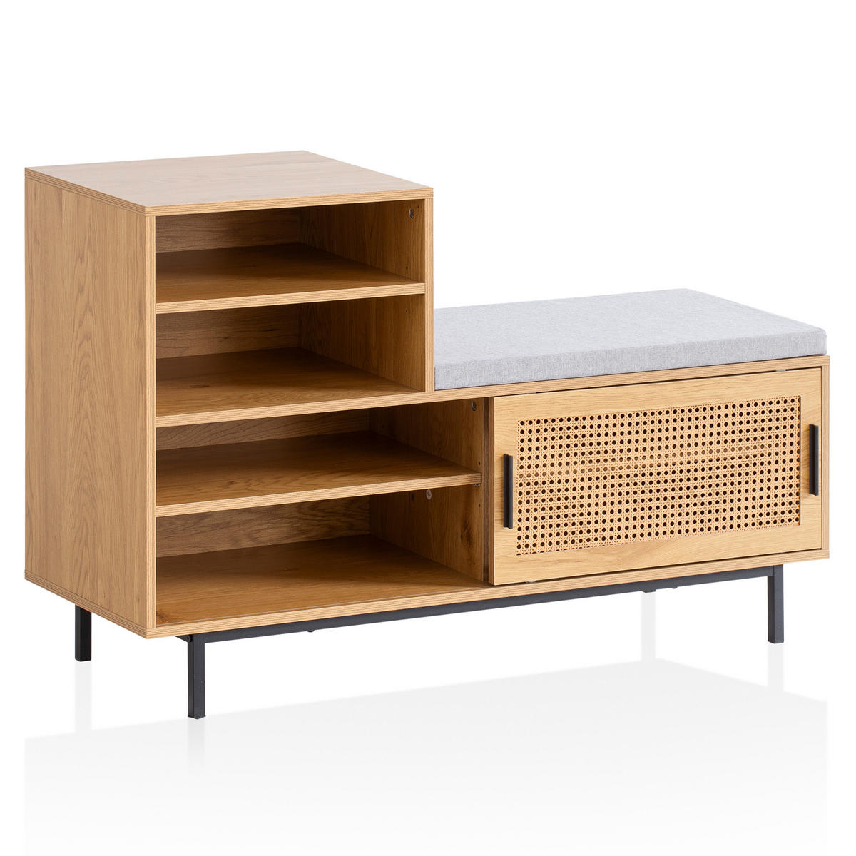 SCHUHBANK – Eiche-Dekor, 120x75,5x40 cm, Rattan-Elemente, Sitzbank gepolstert - Schwarz/Braun, Textil/Metall (120/76/40cm) - KADIMA DESIGN