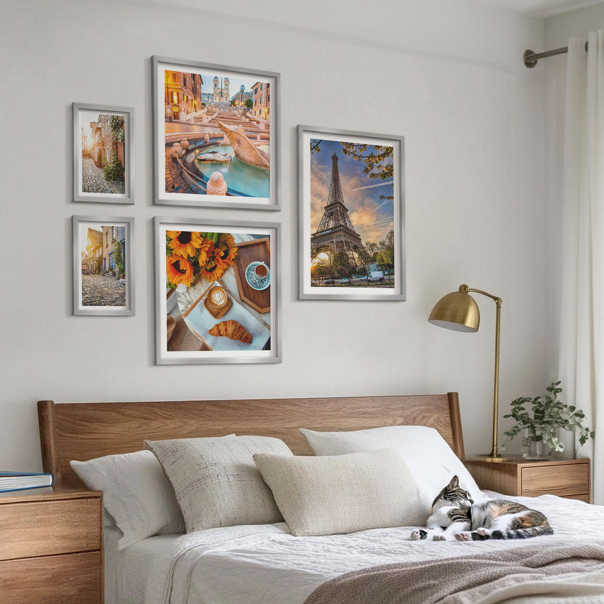 BILDER SET 5er Set - 50x50 cm & 20x30 cm & 40x60 cm Silberner Rahmen - Charmante Straßen mit Kaffee - Silberfarben, Kunststoff (40/60cm) - TULUP