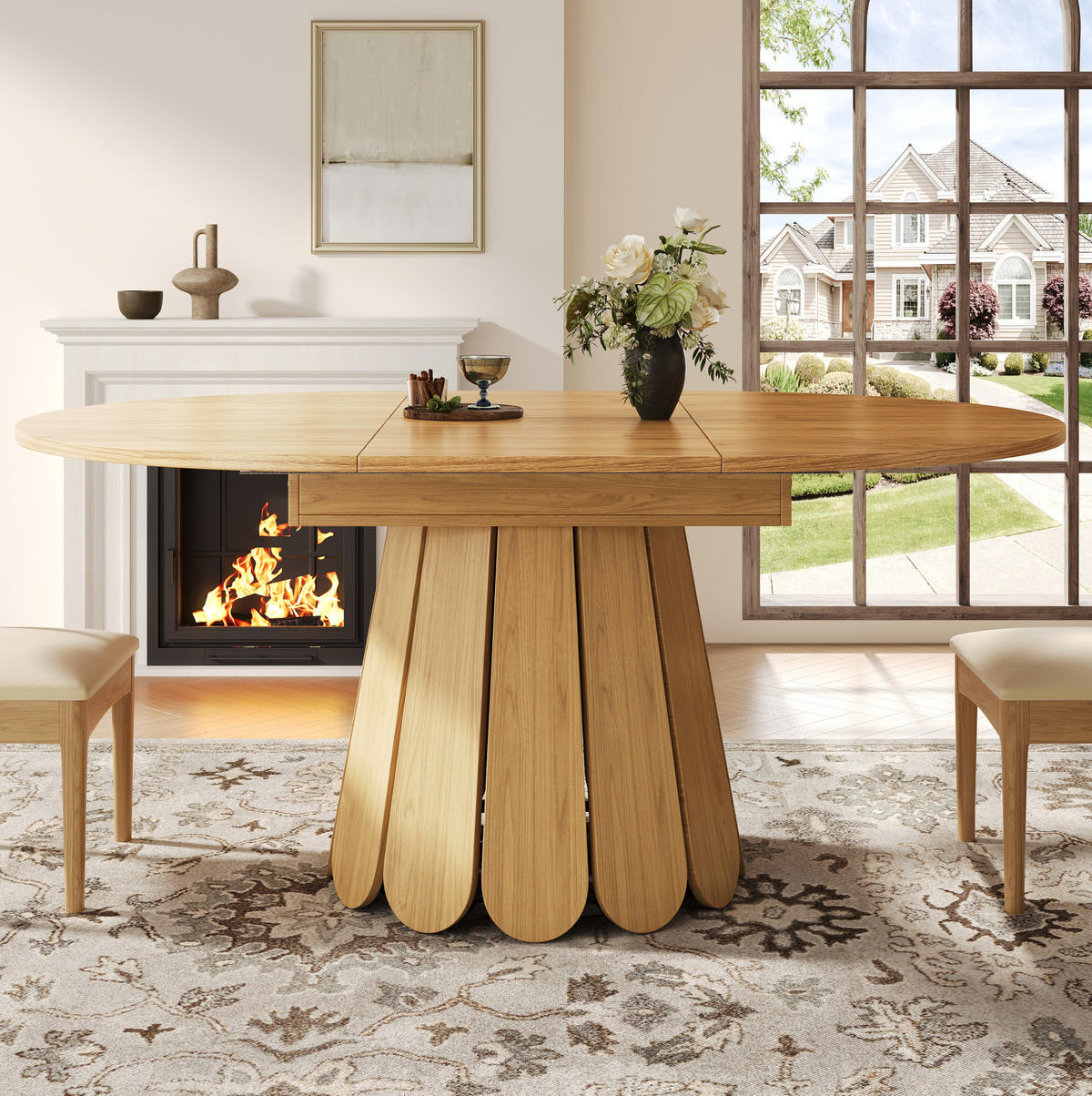 ESSTISCH aus MDF 118(158)x118x76,8 cm Naturfarben ausziehbar mit Holzoptik und runder Tischplatte - Naturfarben, Holzwerkstoff (158/118/76cm) - Modfu