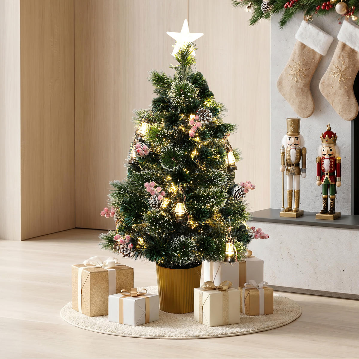 GLASFASER Weihnachtsbaum 95 cm mit LED & Mini-Laternen - Grün, Kunststoff (95cm) - Hometopia