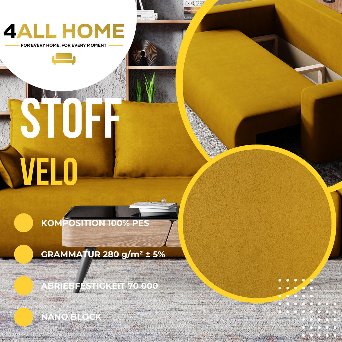 SOFA Bubi mit Bettkasten und Schlaffunktion, Velourstoff - Currygelb, Holzwerkstoff (242/85/95cm)