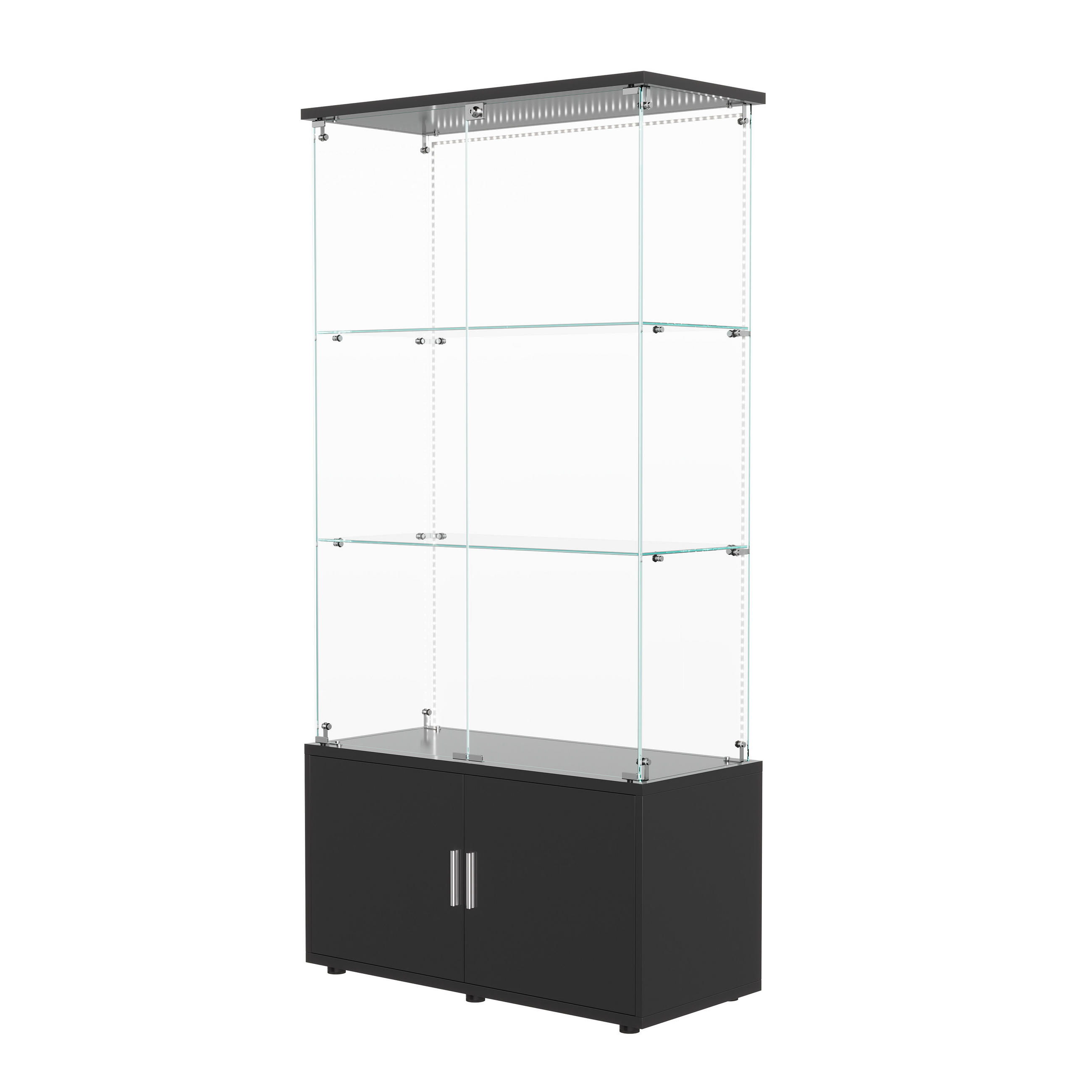 VITRINE mit Doppelglasfront, 3 Glasablagen & zweitürigem Unterschrank, LED-Lichtleiste, Schwarz - Schwarz, Glas/Holz (78.51/164/35cm) - BRILVERDE