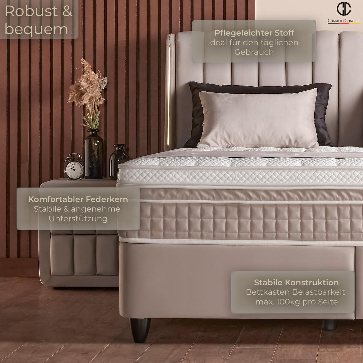 BOXSPRINGBETT MIT BETTKASTEN BRISE 180/200 cm, Greige, Bettkasten, Matratze, Topper integriert, H3 mittel 7-Zonen Matratze - Greige/Schwarz, Holz/Kunststoff (180/200cm) - Consilio Concept