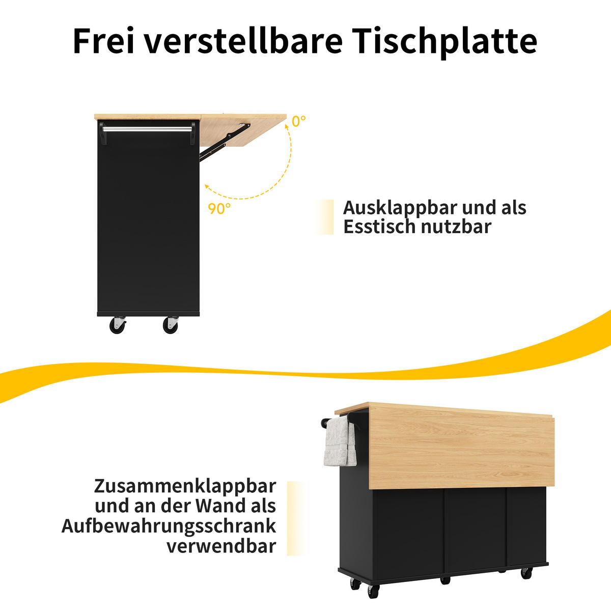 KÜCHENINSEL 120/42/91,5 cm schwarz und Metall mit klappbarer Tischplatte - Schwarz, Holzwerkstoff (120/91.5/76cm) - OKWISH