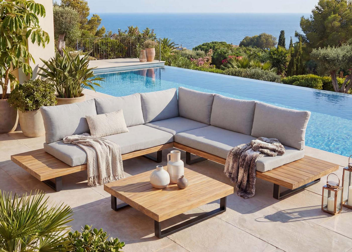 GARTEN-GARNITUR Schwarz, Braun, Hellgrau - Hellgrau/Schwarz, Holz - MCW