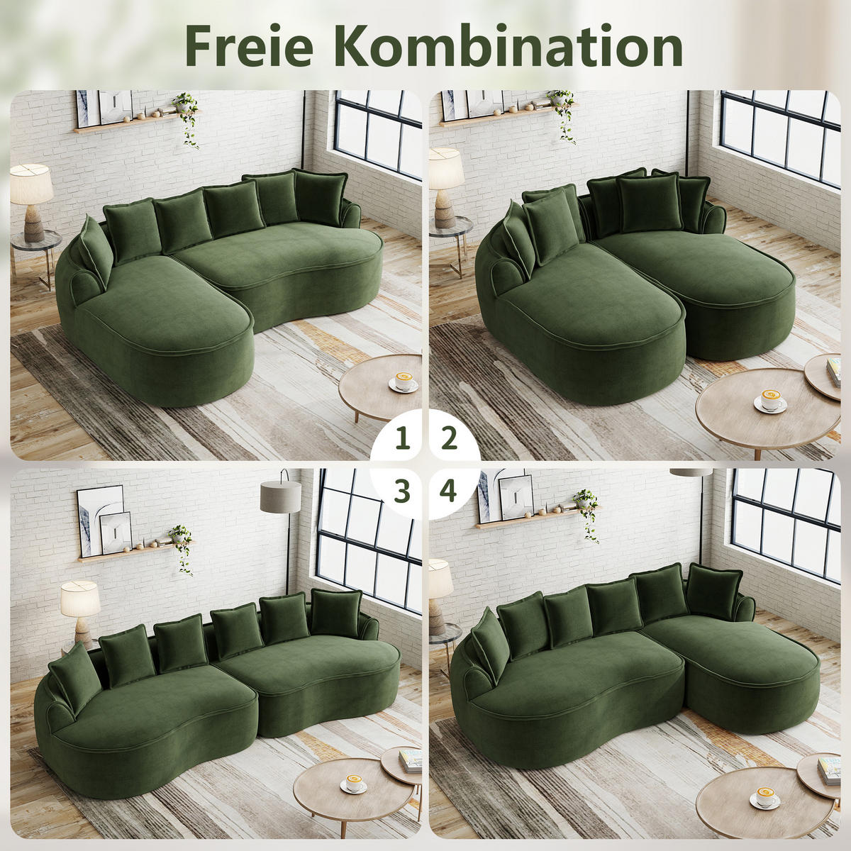 3-SITZER Sofa 252x164x67 cm aus Chenille-Stoff rahmenlos modular, grün - Grün, Textil (164/67/252cm)