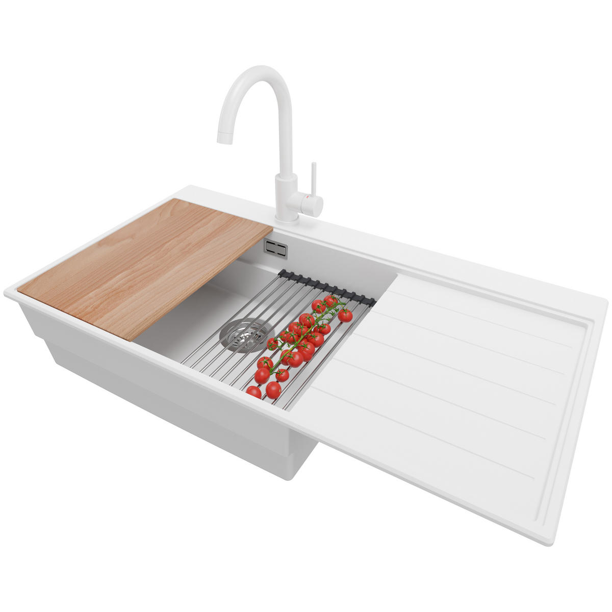 GRANITSPÜLE Sydney, 2-er set Weiß 90/50 cm 1 Becken + Küchenarmatur 32/20 cm + Ablauf-Set + Küchenzubehörset ab 60er Unterschrank - Chromfarben/Beige, Kunststoff (90/20/50cm) - Primagran