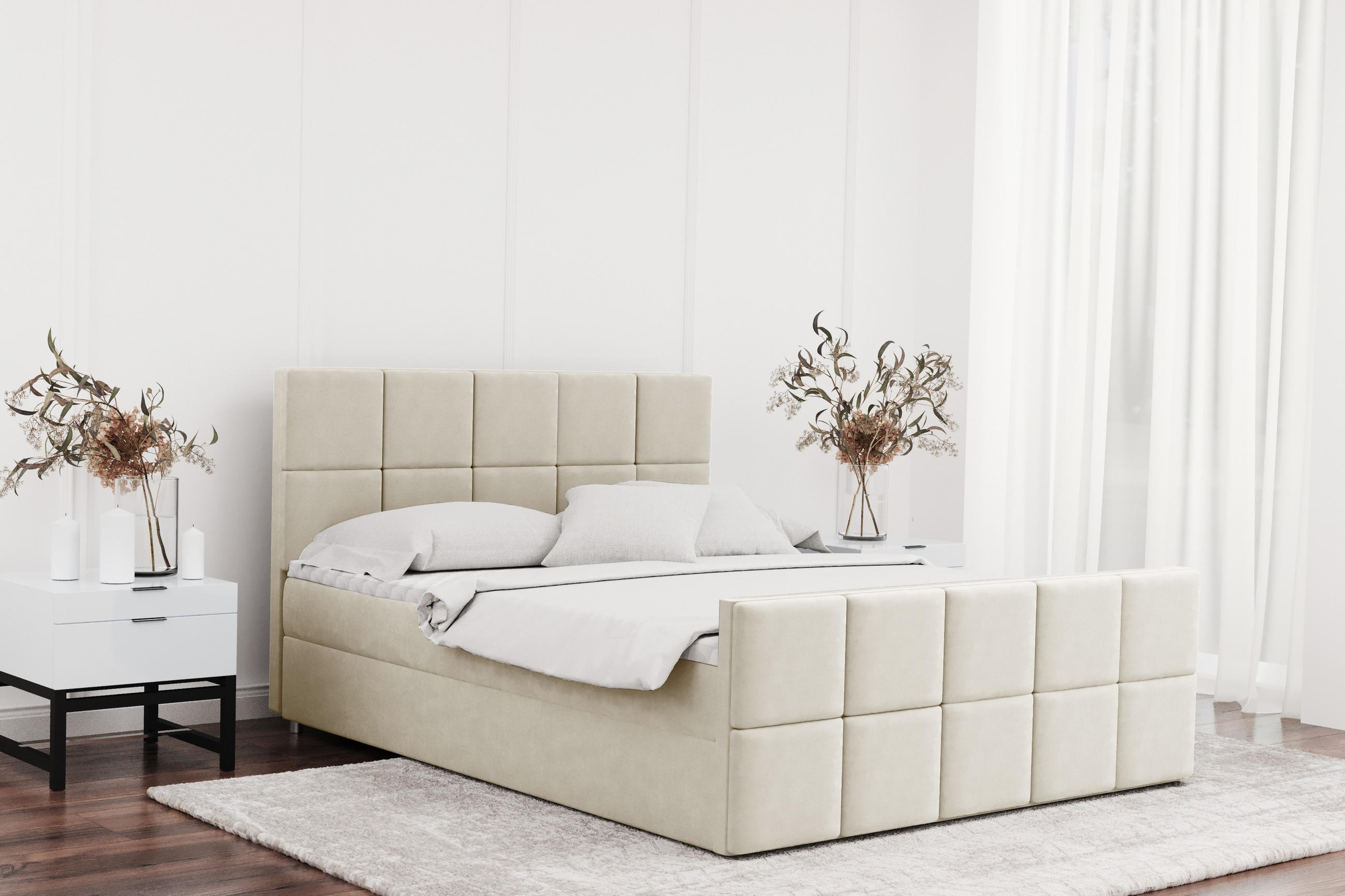 BOXBETT mit Bettkasten und Matratze Topper HANA Stoff Matt Velvet Ecru 120x200 cm H3-Bonell - Ecru, Holz/Textil (120/200cm) - Kaiser Möbel