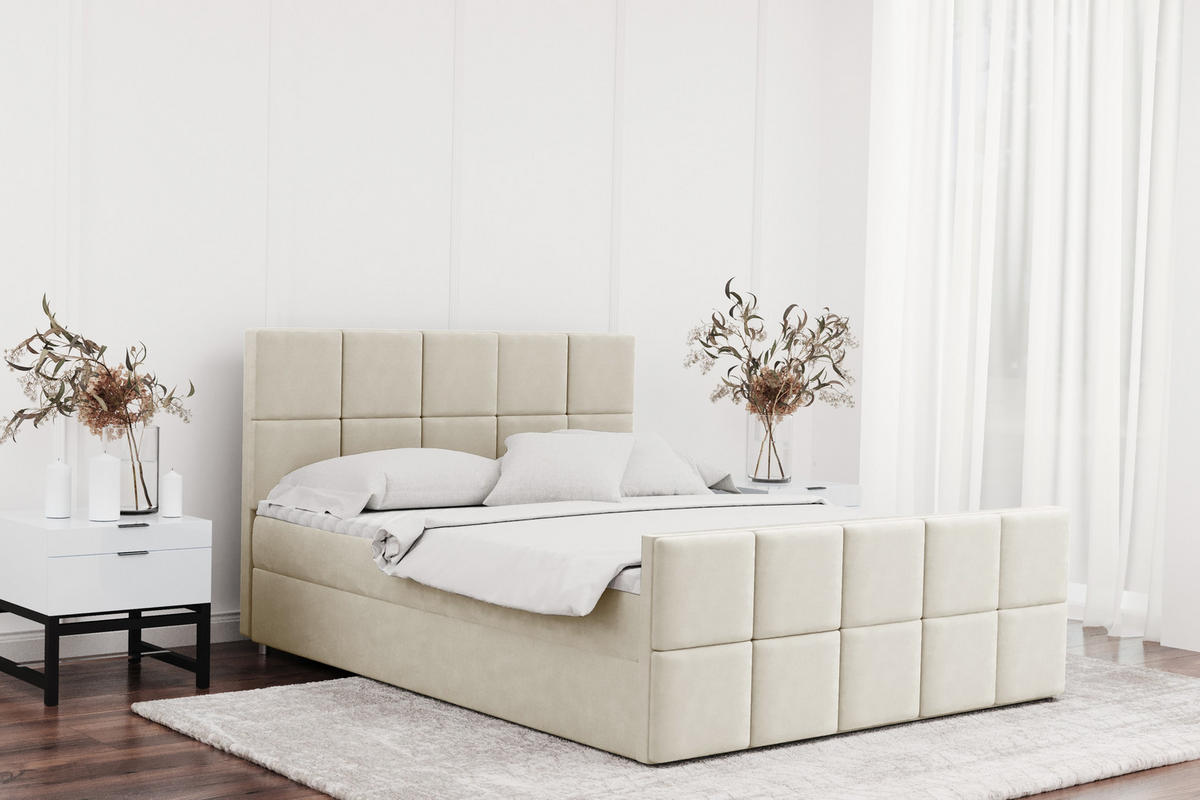BOXBETT mit Bettkasten und Matratze Topper HANA Stoff Matt Velvet Ecru 120x200 cm H3-Bonell - Ecru, Holz/Textil (120/200cm) - Kaiser Möbel