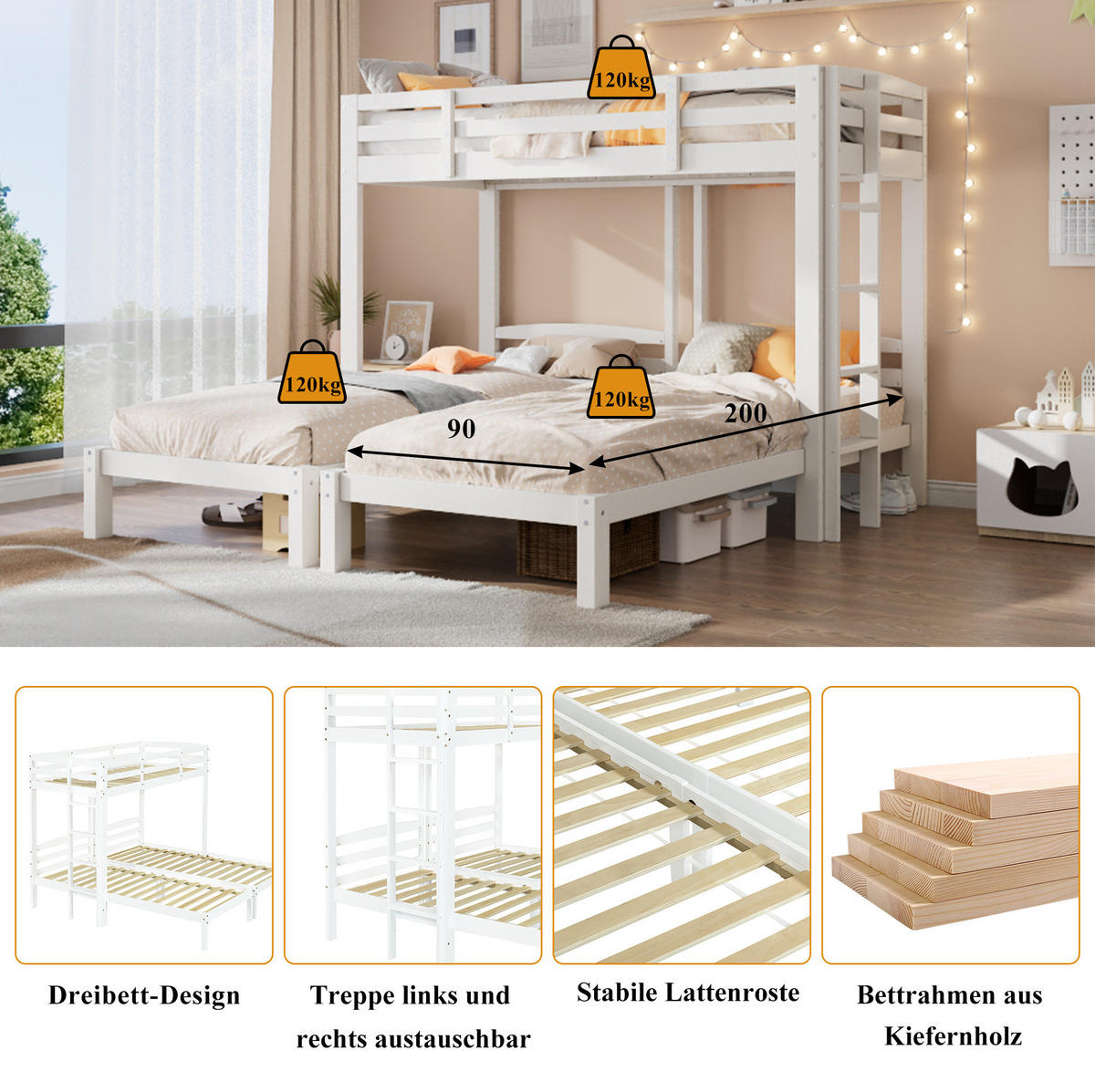 ETAGENBETT Kinderbette 90/200 cm aus Kiefer massiv mit flexibler Seitenleiter Weiß - Weiß, Holz (90/200cm) - Modenvie