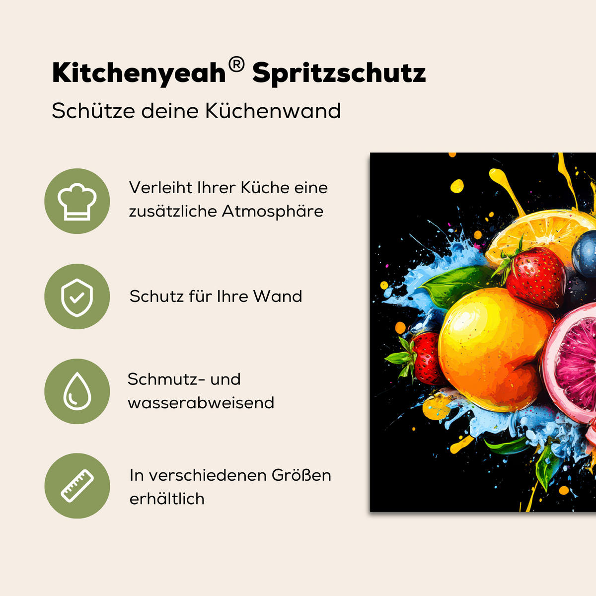 SPRITZSCHUTZ KÜCHE Obst - Graffiti - Bunt - Orange - Erdbeere - Abstrakt 90x60 cm - Orange, Metall (90/0.3/60cm) - MuchoWow