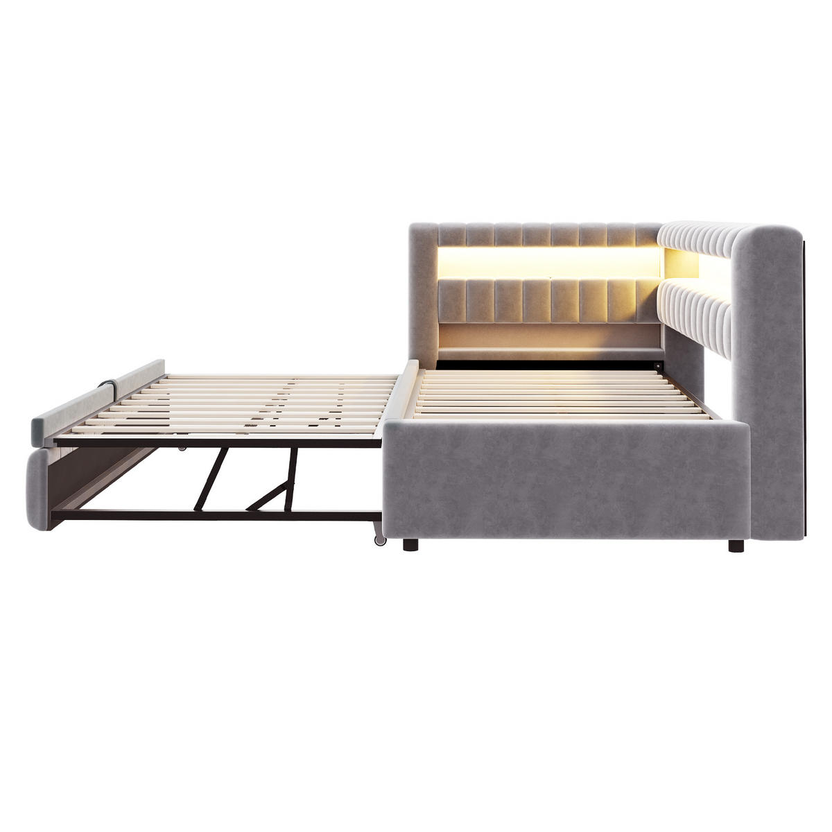 POLSTERBETT 90x200 Hellgrau Samt LED USB - Hellgrau, Textil (90/200cm) - FLIEKS