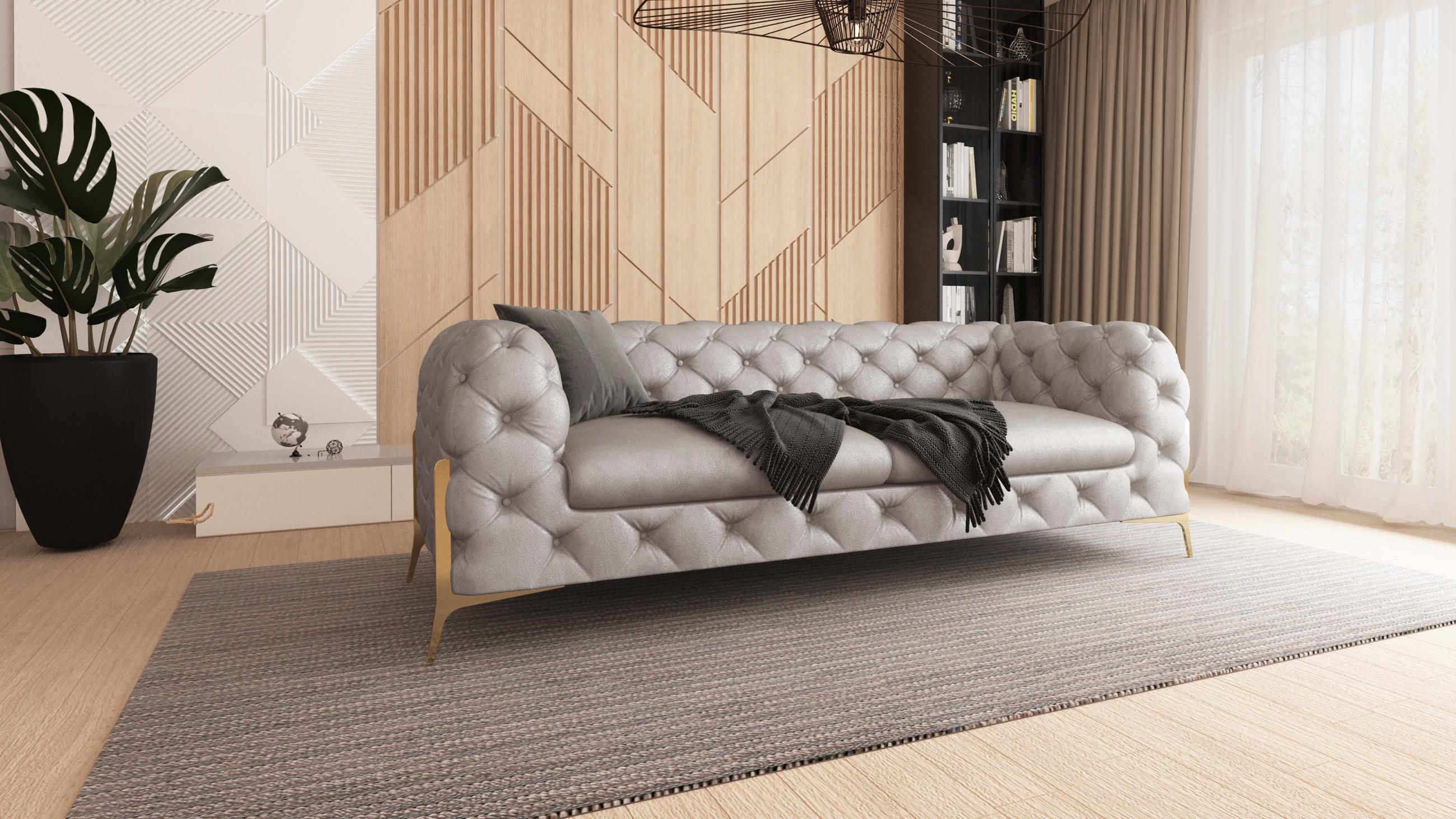 CHESTERFIELD-SOFA 3-Sitzer Vertex Grau Samt - Goldfarben/Grau, Holz/Textil (225/75/100cm) - S-Style Möbel