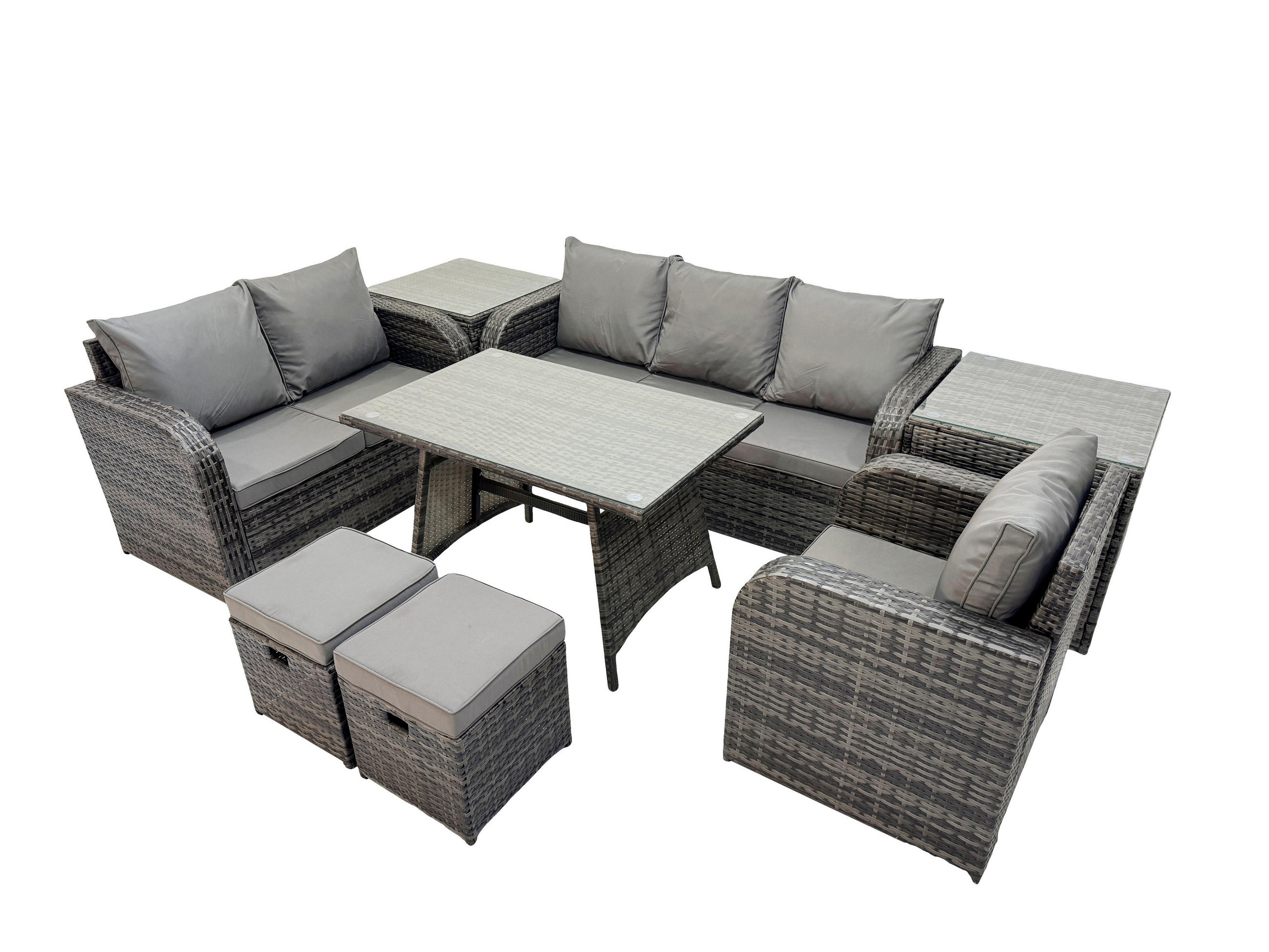 GARTENMÖBEL SET Polyrattan Dunkelgrau 8-Sitzer - Dunkelgrau/Grau, Glas/Kunststoff - Fimous