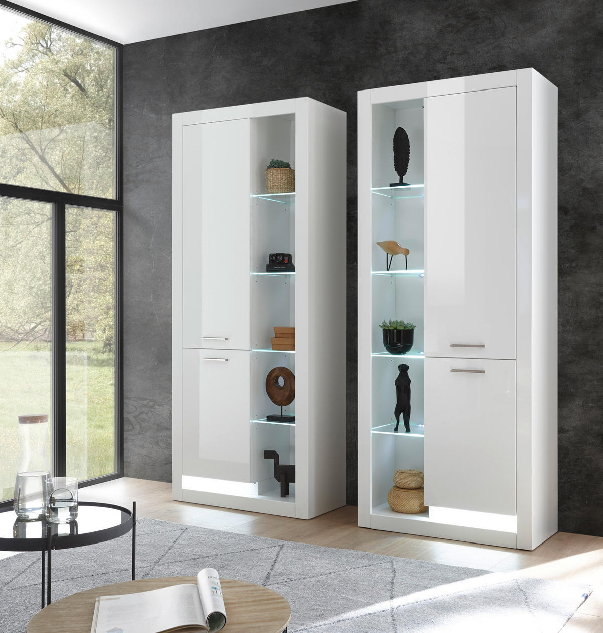 VITRINE weiß Hochglanz 80 cm, Vitrinenschrank mit 10 Fächern - Weiß Hochglanz/Silberfarben, Glas/Holzwerkstoff (80/195/37cm) - Furn.Design
