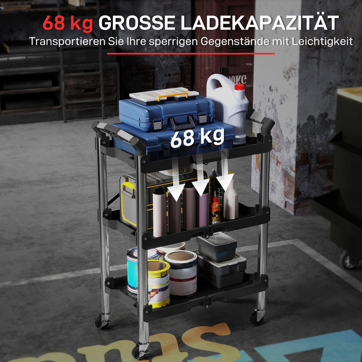 WERKSTATT-ROLLWAGEN mit 3 Etagen, Klappbar Werkzeugwagen mit Griff Schwarz - Schwarz, Metall (37/84/64cm) - HOMCOM