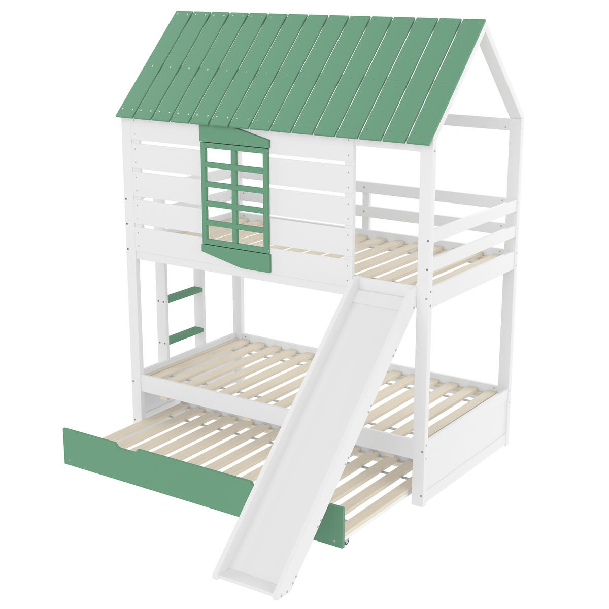 ETAGENBETT 90/200 cm weiß und grün aus Kiefer mit Rutsche und Ausziehbett - Weiß, Holzwerkstoff (90/200cm) - OKWISH