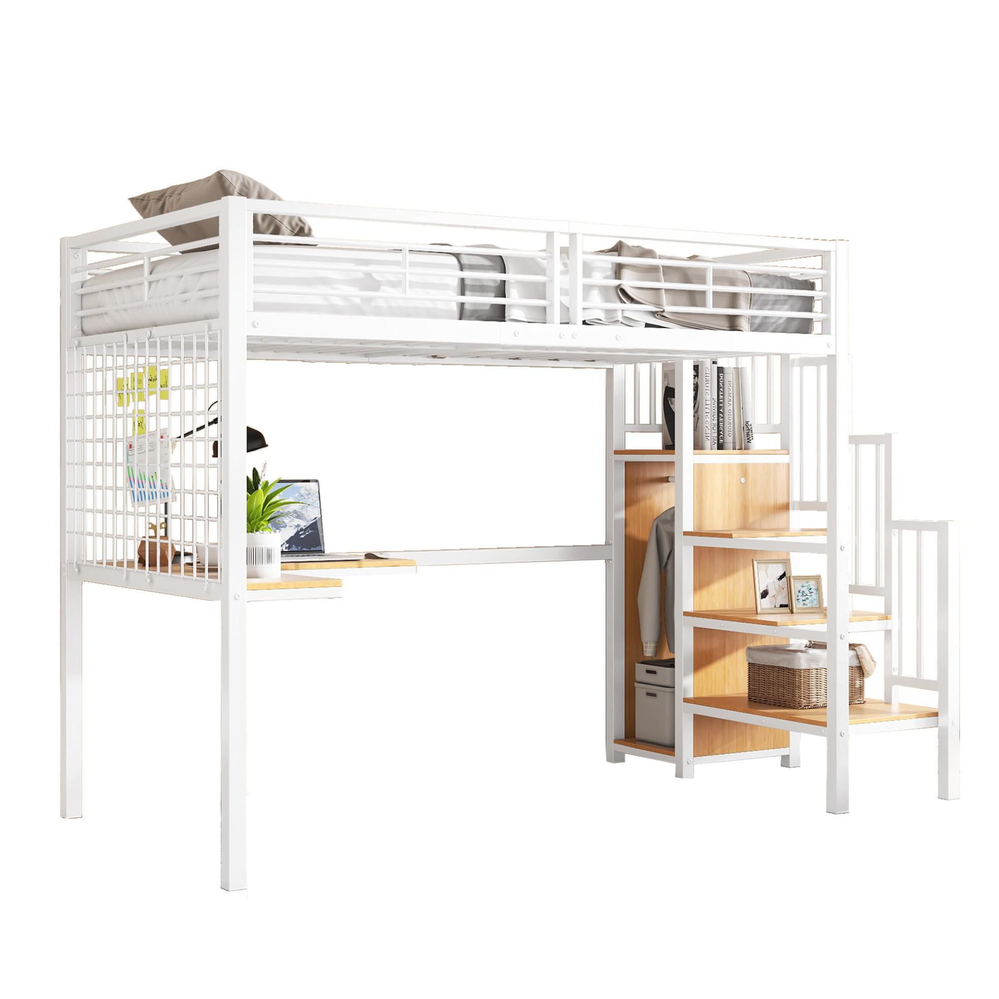 HOCHBETT 90/200 cm in Weiß/Natur mit Kleiderschrank, Tisch und seitlicher Treppe - Weiß, Holzwerkstoff (90/200cm) - Flora Grace
