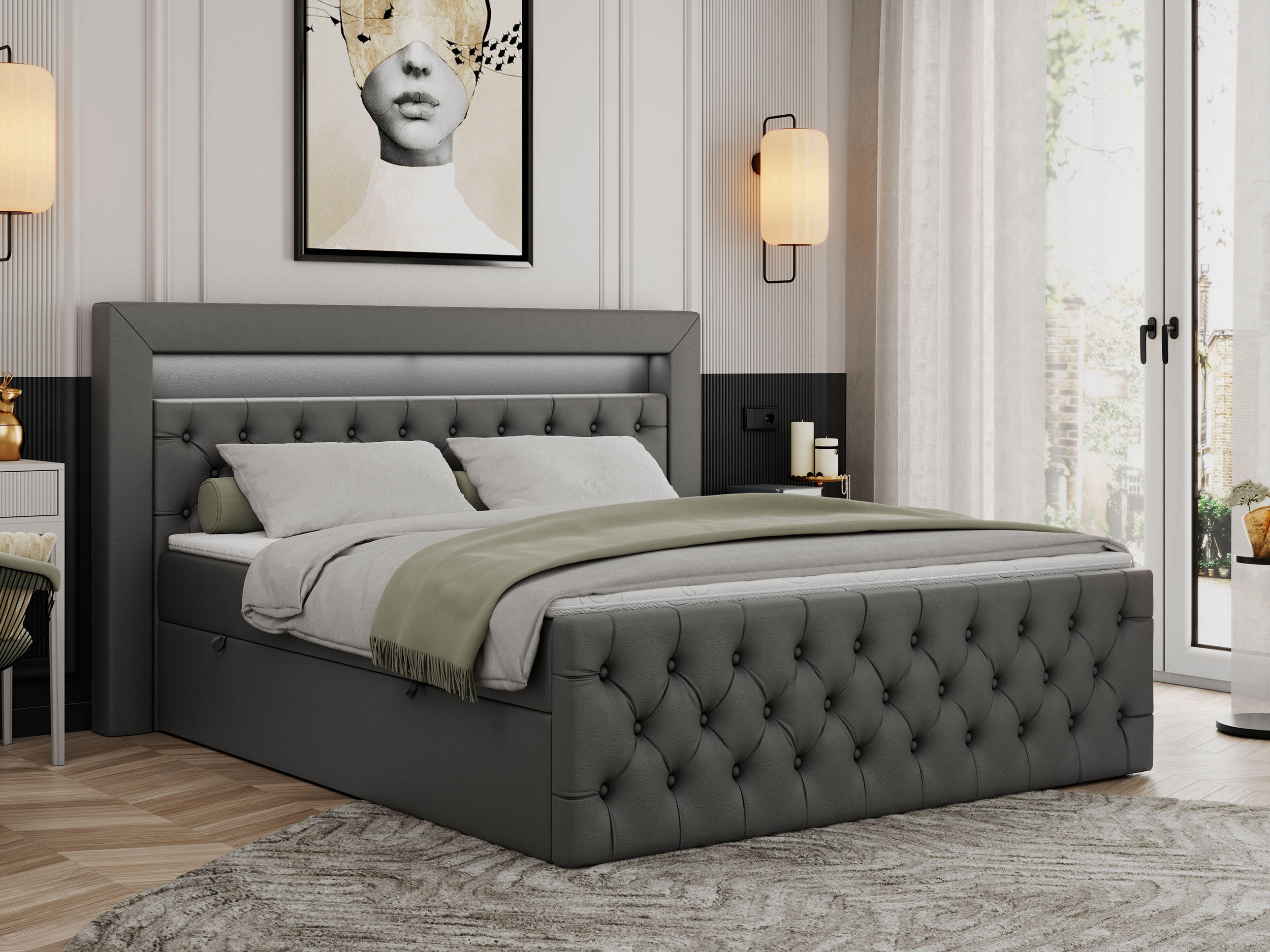 BOXBETT GOLD-9 LED 120/200 Dunkelgrau Kunstleder - H3 - Dunkelgrau, Holz/Textil (120/200cm) - MKS