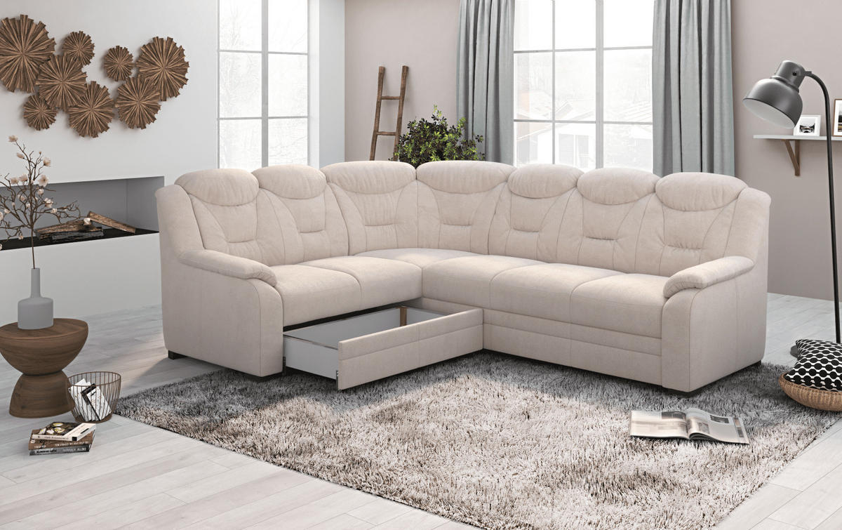 ECKSOFA mit Schlaffunktion und Bettkasten – weiches Chenille-Gewebe - Sandfarben/Beige, Holz/Kunststoff (263/211cm) - Cotta