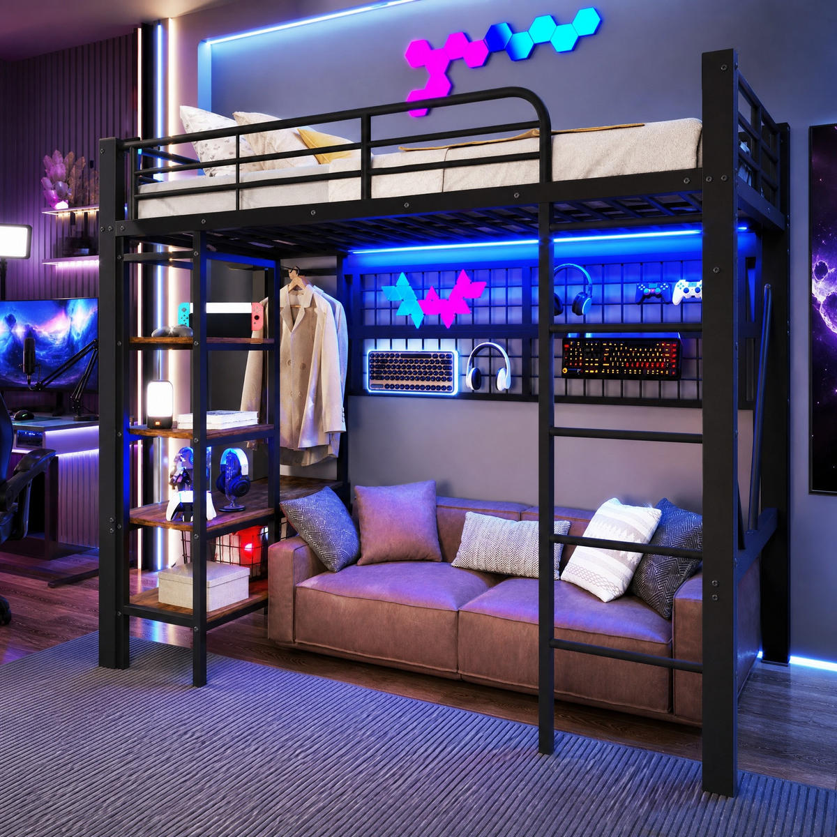 HOCHBETT 90/200 mit LED Ablagefach Kleiderstange und Hängegitter in Schwarz - Schwarz, Holzwerkstoff/Metall (90/200cm) - EVRYAE