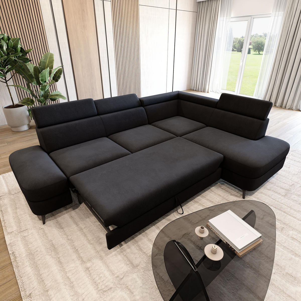 ECKSOFA AVISE MV R-S Schwarz Velours-Stoff mit Schlaffunktion - Schwarz, Holzwerkstoff/Textil (268/195cm) - MASSENO