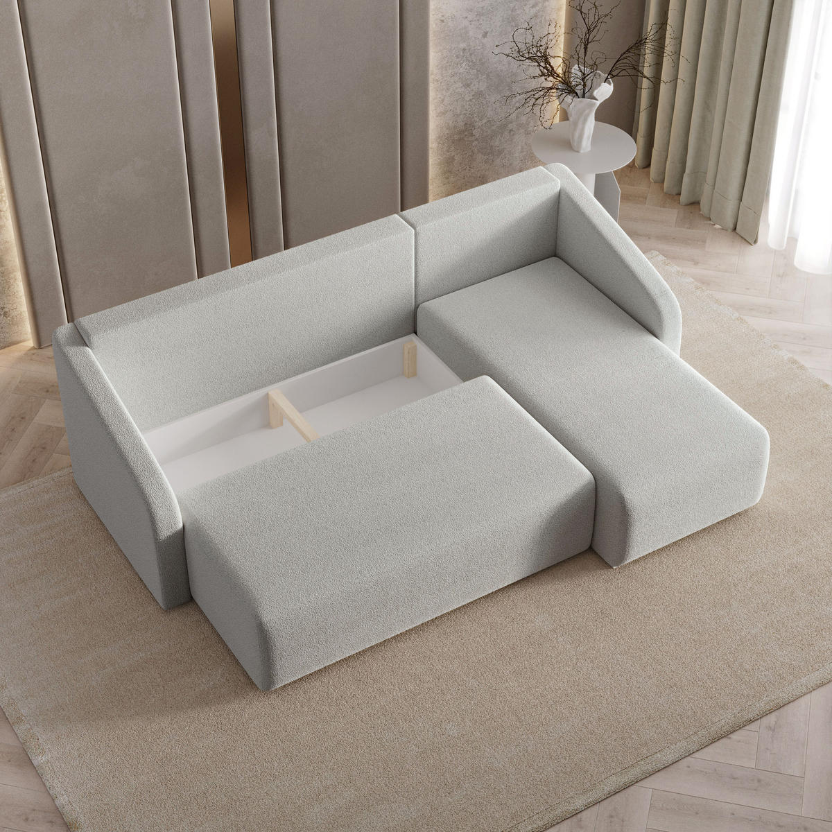 ECKSOFA MARELLO Beige Boucle-Stoff mit Schlaffunktion - Beige, Holz (220/143cm) - MASSENO