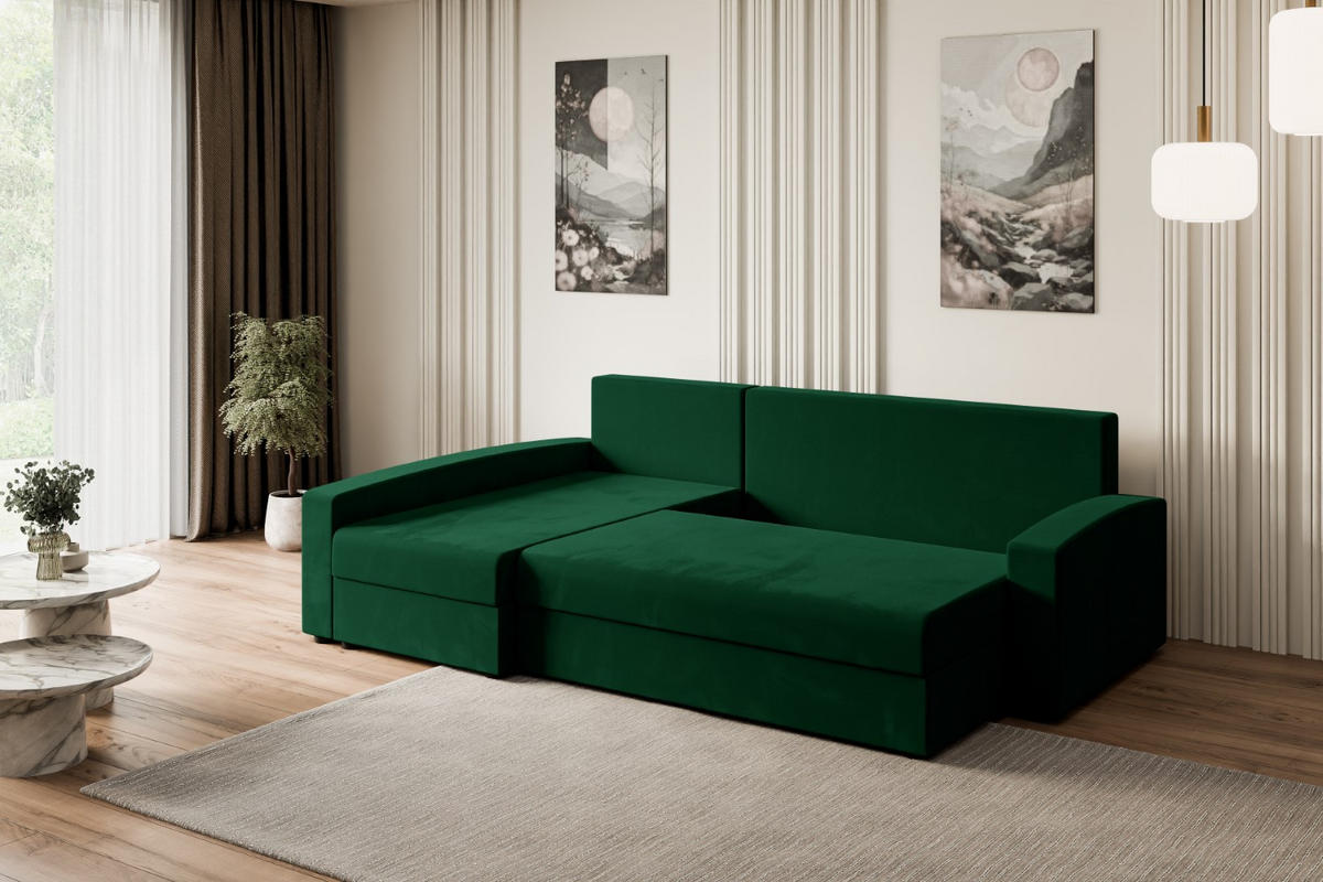 ECKSOFA mit Schlaffunktion und Bettkasten ALESIA-L 231x140x90 cm Grün Velours - Silberfarben/Grün, Holzwerkstoff/Kunststoff (231/140cm) - ALTDECOR