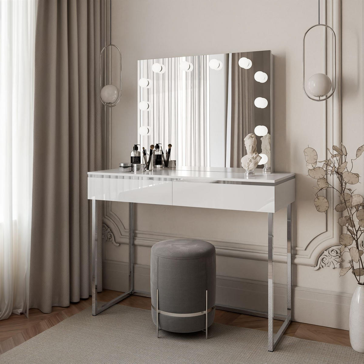 SCHMINKTISCH AURORA SILVER ELITE mit Spiegel Hochglanz Weiß - Weiß Hochglanz, Holzwerkstoff (102/78.5/43.6cm) - Lookway