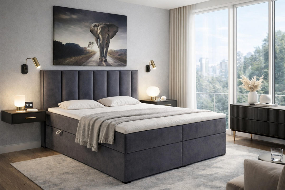 BOXSPRINGBETT HUGO, 120 x 200 cm, Bettkasten, H3, grau - Dunkelgrau, Textil (120/200cm) - Labett