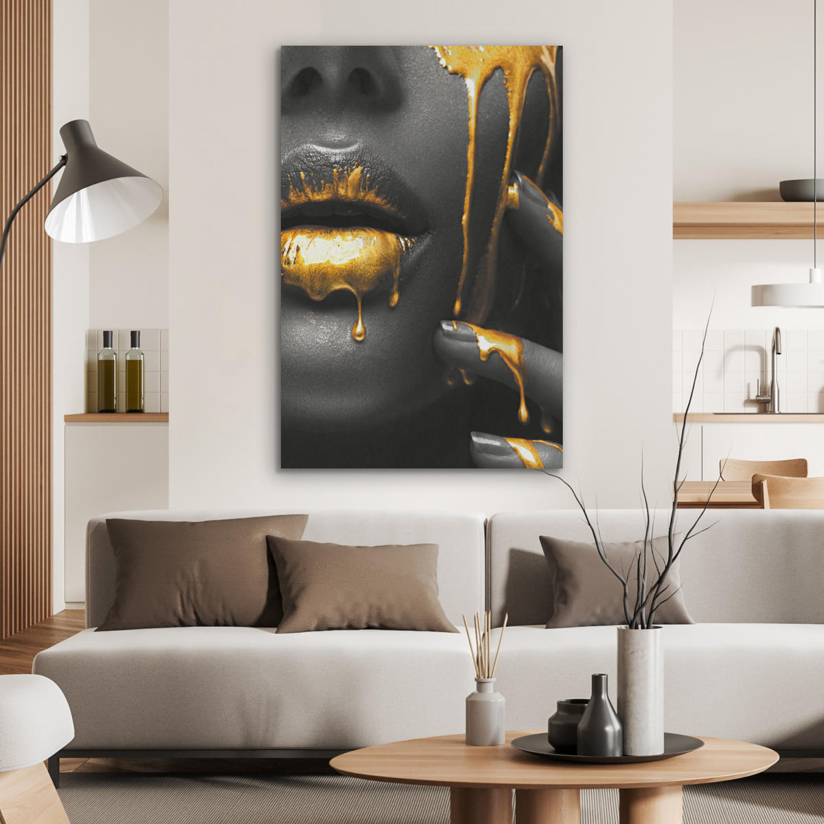 AKUSTIKPANEEL Frau - Schwarz - Gold - Gesicht - Lippen 70x100 cm - Goldfarben, Textil (70/0.9/100cm) - MuchoWow