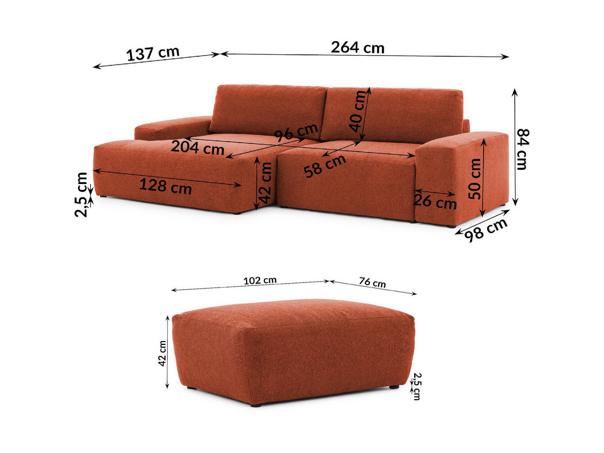 ECKSOFA inkl. Hocker Lennon aus Terrakotta Strukturstoff mit Schlaffunktion und Bettkasten - Terracotta/Schwarz, Holz/Kunststoff (137/264cm) - S-Style