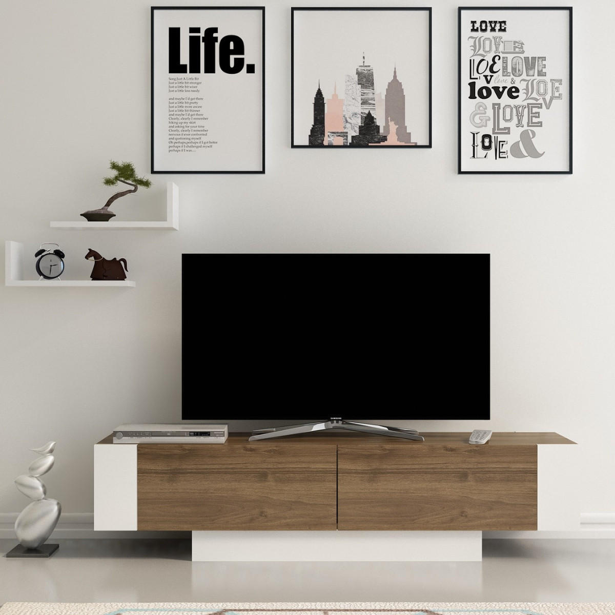 TV-SCHRANK 2 türen nussbaum und weiß dekor - matera 150/31,5/41,6 cm - Nussbaumfarben, Holzwerkstoff (31.5/41.6/161cm) - Calicosy