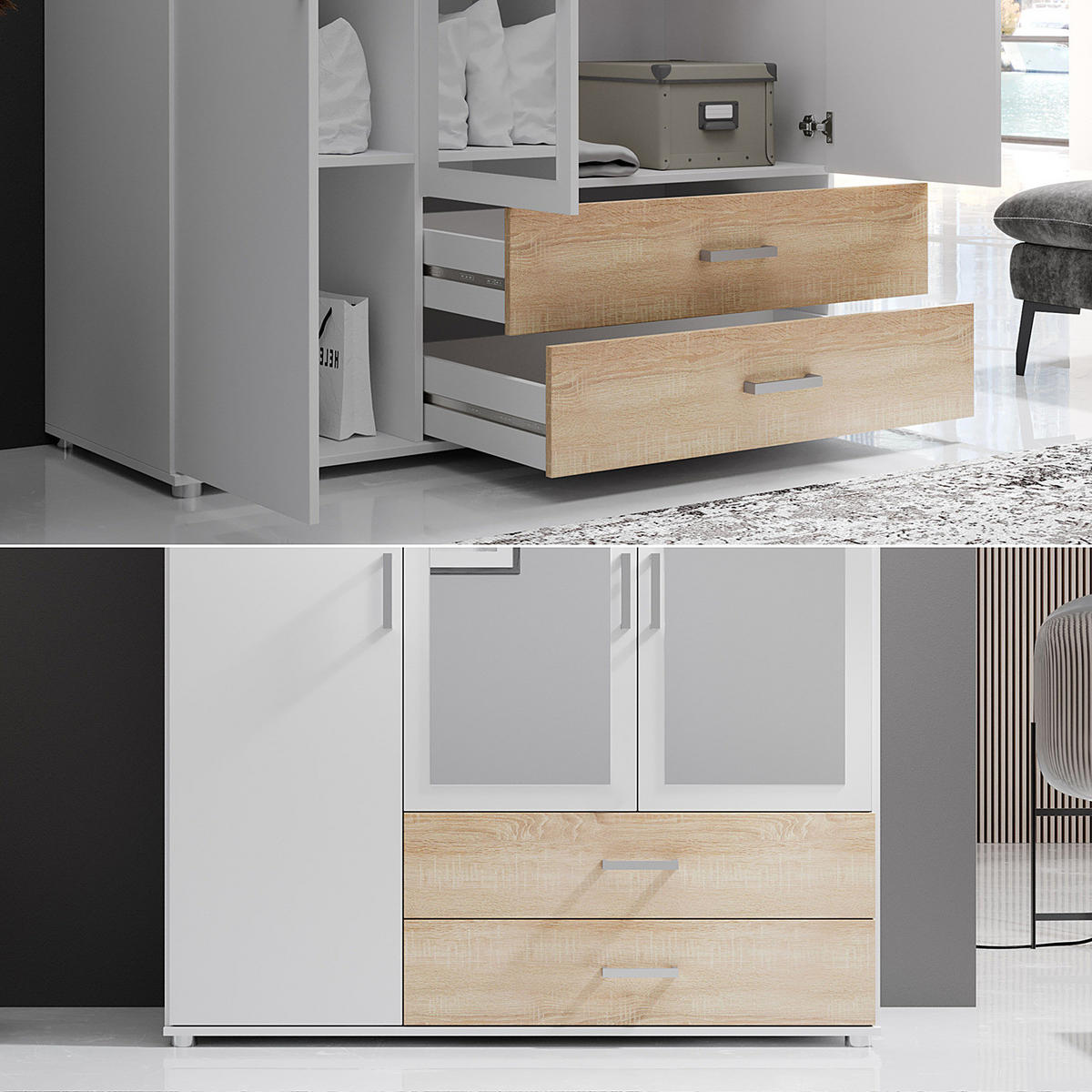 DREHTÜRENSCHRANK mit Spiegeltüren - Eichefarben/Silberfarben, Holzwerkstoff/Kunststoff (125/190/51cm) - home24