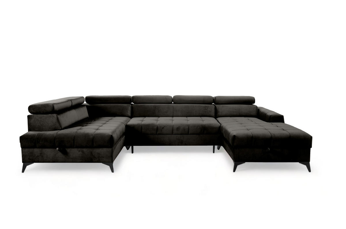 WOHNLANDSCHAFT Arkucio U Schwarz 345/200/95 cm – großes Sofa mit Schlaffunktion R - Schwarz, Textil/Metall (345/95/200cm) - AX Living