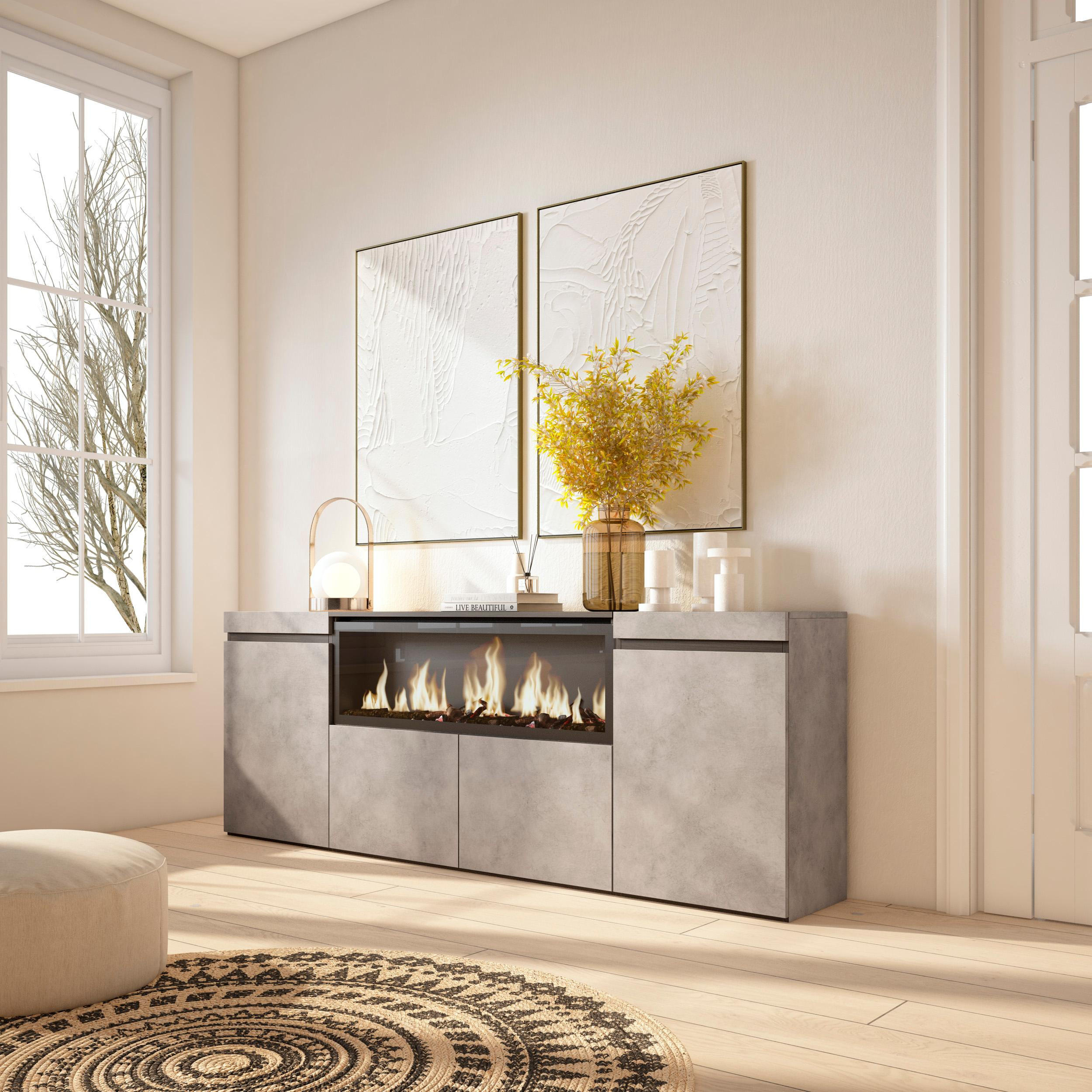 SIDEBOARD Highboard, Elektrokamin XXL, zementgrau, 208/35/75cm - Multicolor/Schwarz, Holzwerkstoff (208/75/35cm) - Skraut Home