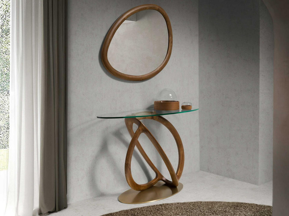 KONSOLENTISCH Oval gehärtetem Glas, Nussbaum und golden poliertem Stahl Ø125/45/80 cm - Klar/Goldfarben, Glas/Holz (45/125/80cm) - ANGEL CERDA