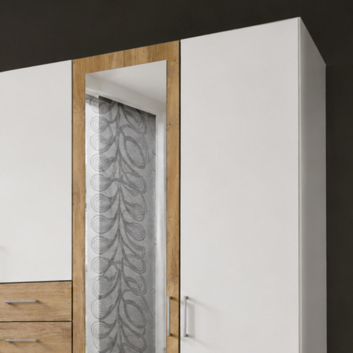 DREHTÜRENSCHRANK Kleiderschrank B225/H208/T58 cm mit Schubkästen & 2 Spiegeltüren, Weiß mit Absetzungen in Eiche Dekor / 22591 - Eichefarben/Silberfarben, Holzwerkstoff/Kunststoff (225/208/58cm) - luma-home