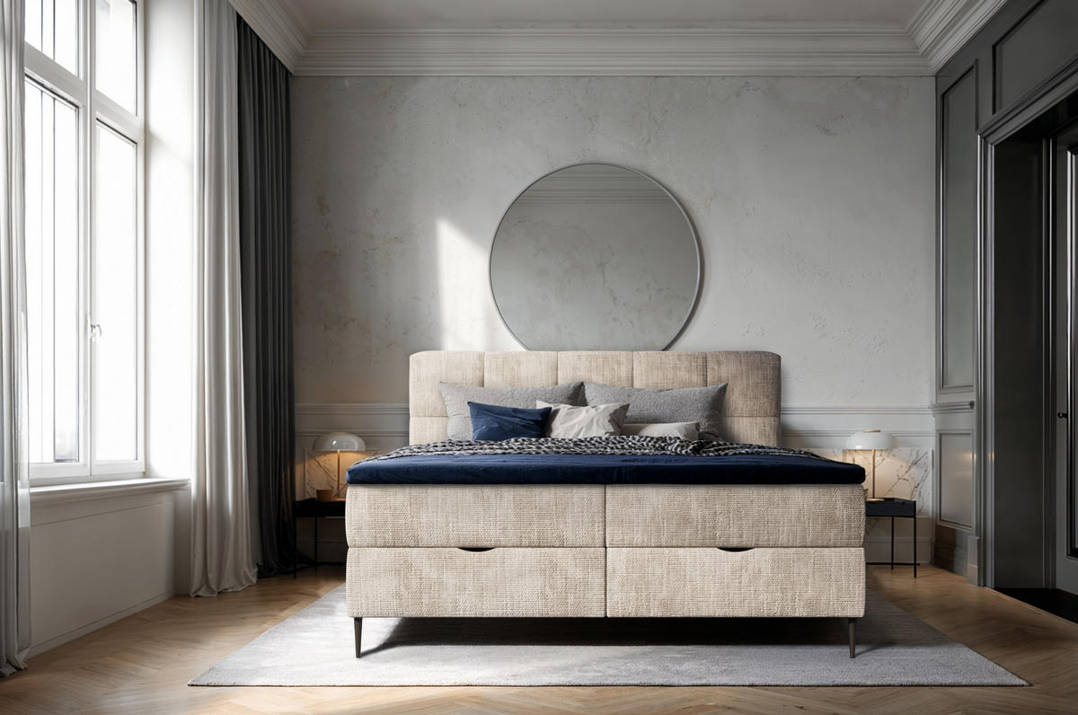 BOXBETT Edel 180x200 cm mit Bettkasten – Beige, modernes Design - Beige, Textil (180/200cm)