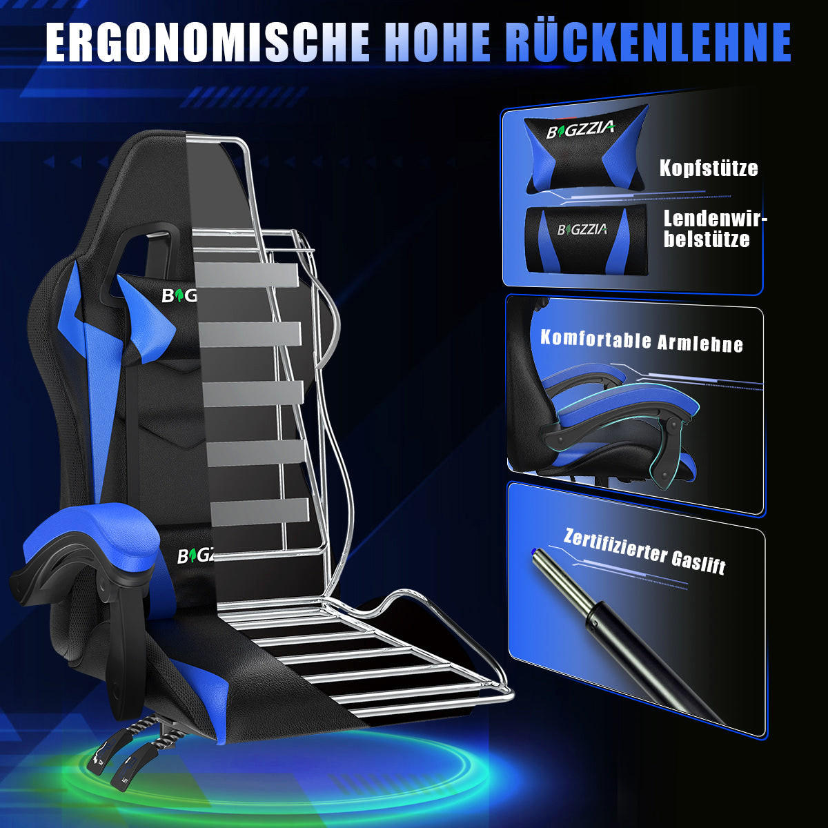 GAMING-STUHL LED, höhenverstellbar, Lenden- & Kopfstütze – Schwarz/Blau - Blau, Leder (53.5/117/54cm) - Rattantree