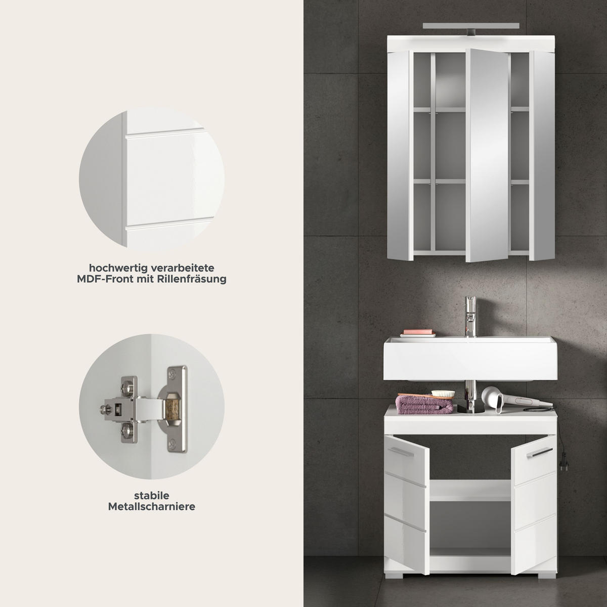 BADKOMBINATION 2tlg. Scout Bad in weiß Nachbildung und weiß hochglanz B/H/T: 60x191x34 cm - Weiß, Holz (60/191/34cm)