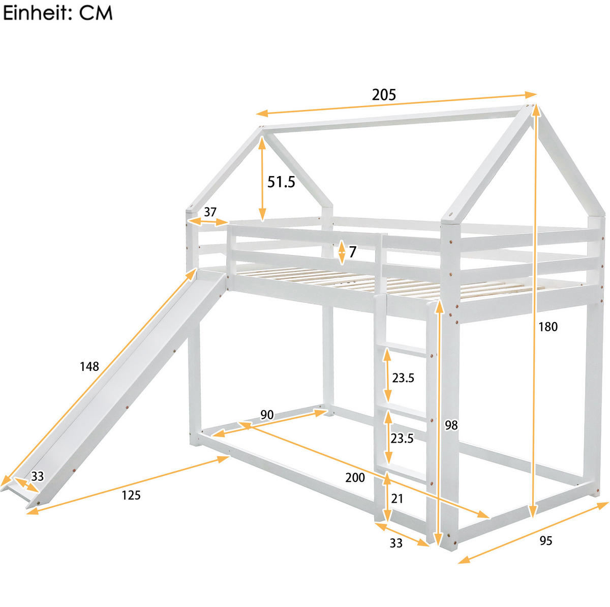 ETAGENBETT Hausform mit Rutsche und Leiter, Weiß, 90/200 cm - Weiß, Holz (90/200cm) - MIVRAY