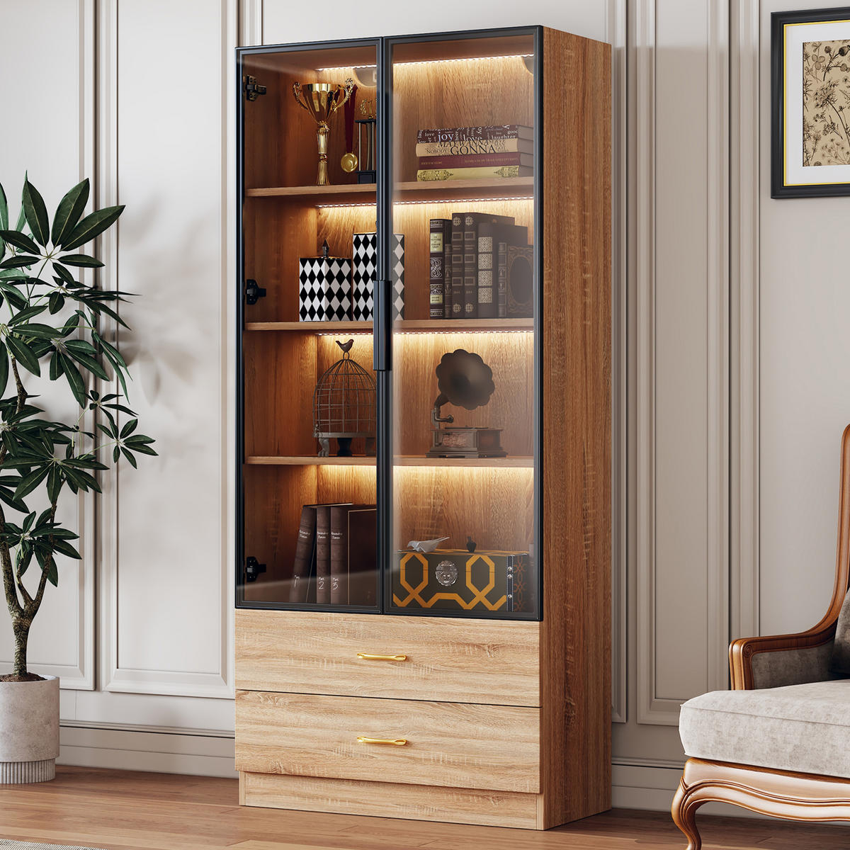 BADSCHRANK in Braun Highboard mit LED-Lichtleiste Glastür 2 große Schubladen 2 Türen , B75/T34.5/H170cm - Braun, Glas/Holzwerkstoff (75/170/34.5cm) - STILVORA
