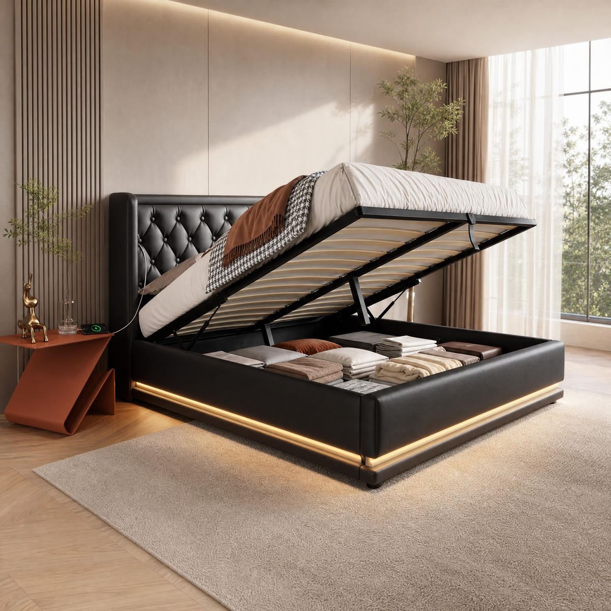POLSTERBETT 140/200 mit Bettkasten, 3-seitiger LED-Beleuchtung und USB Type-C in Schwarz - Schwarz, Holzwerkstoff/Textil (140/200cm) - EVRYAE