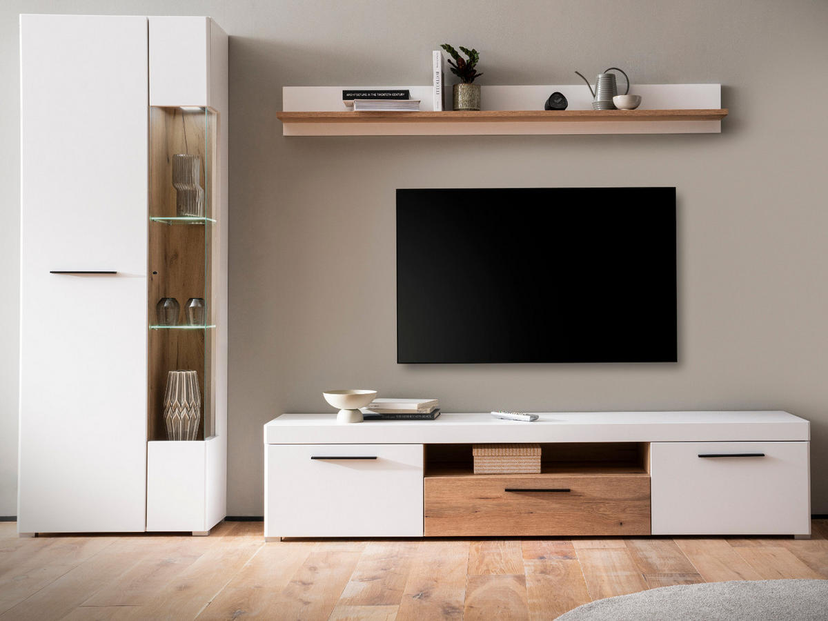 WOHNWAND weiß matt, Evoke Eiche, Wohnkombination 3-teilig, Soft-Close-Funktion - Eichefarben/Silberfarben, Glas/Holz (287/200/45cm) - Furn.Design