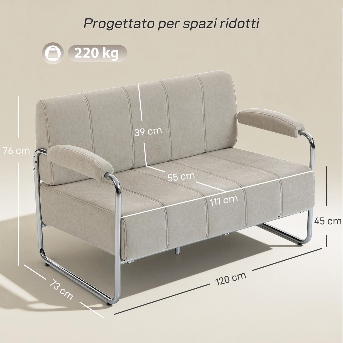 SOFA, 2-Sitzer, Chenille, Stahl/Schaumstoff, beige, 120x73x76cm - Multicolor, Holzwerkstoff (120/76/73cm) - FORIOUS